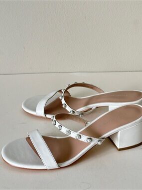 NEW Stuart Weitzman White Pearl-Embellished Block Heel Sandals, Sz 7